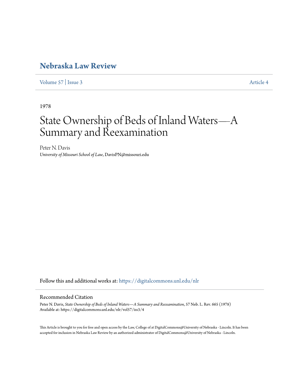 State Ownership of Beds of Inland Waters—A Summary and Reexamination Peter N