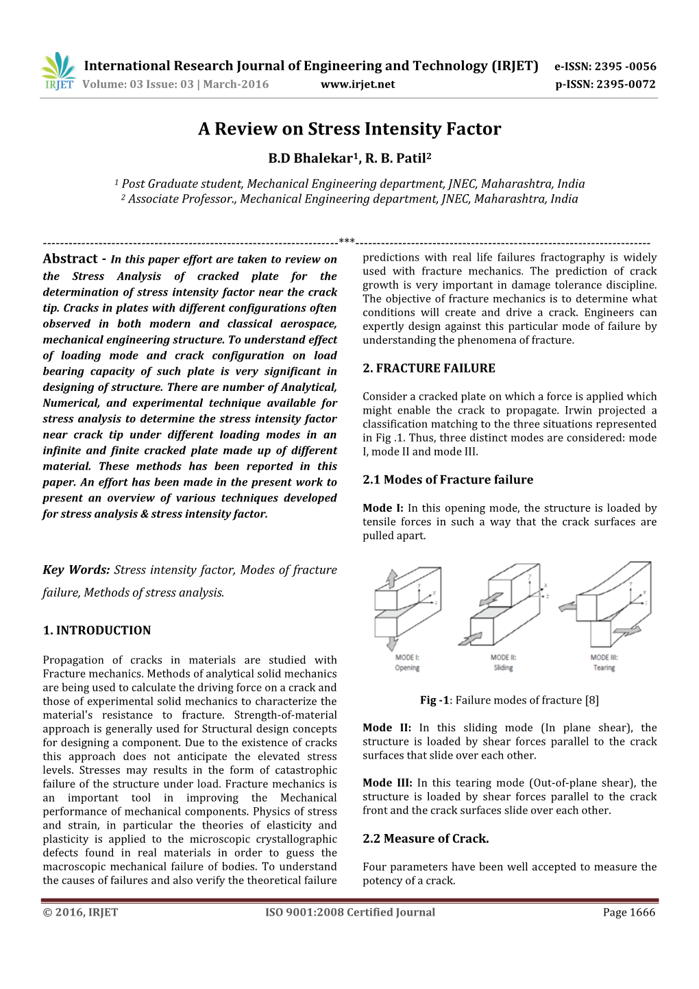 A Review on Stress Intensity Factor B.D Bhalekar1, R