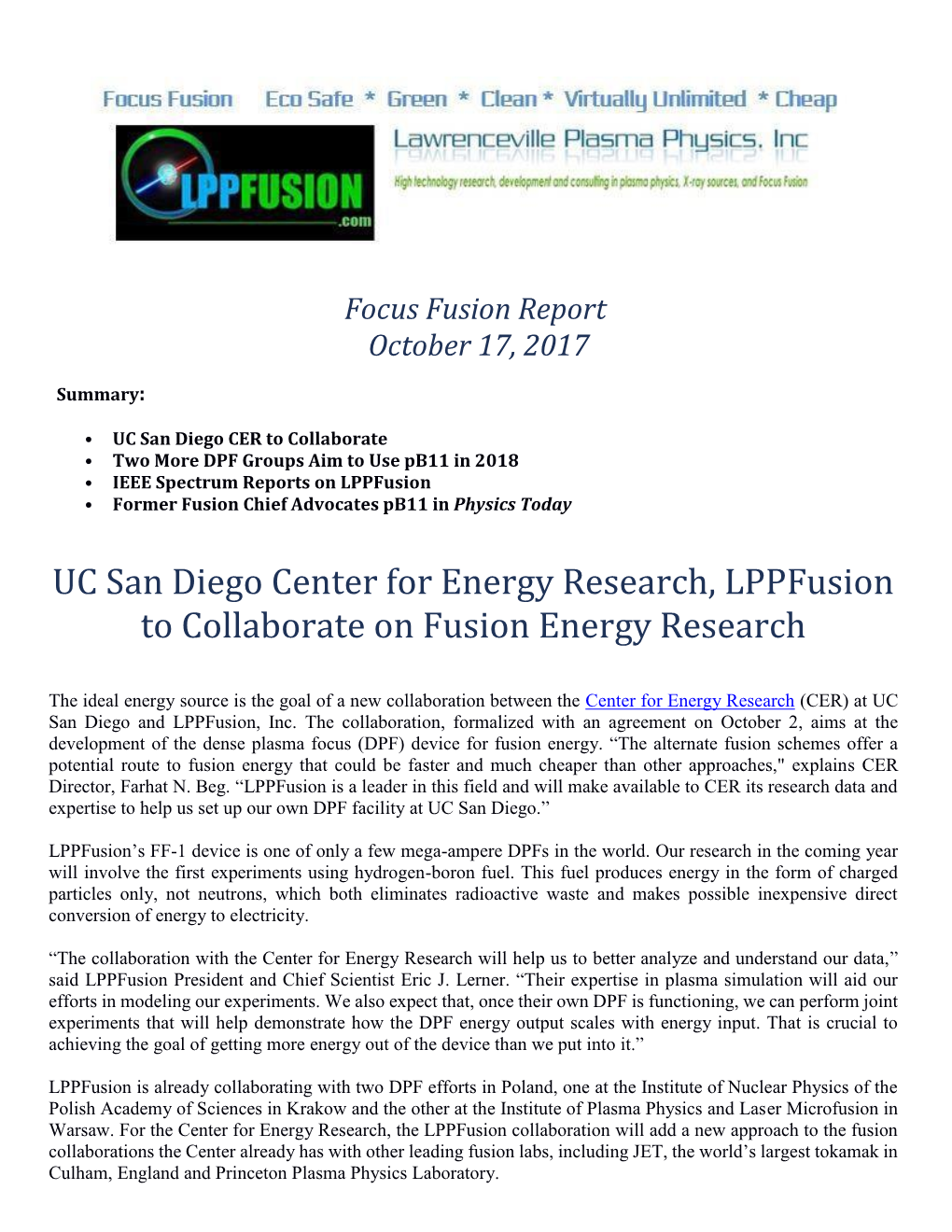 UC San Diego Center for Energy Research, Lppfusion to Collaborate on Fusion Energy Research