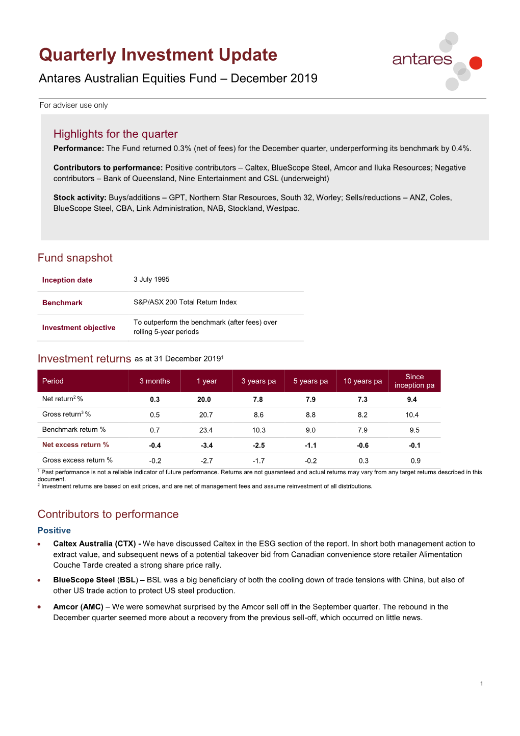 Quarterly Investment Update Antares Australian Equities Fund – December 2019