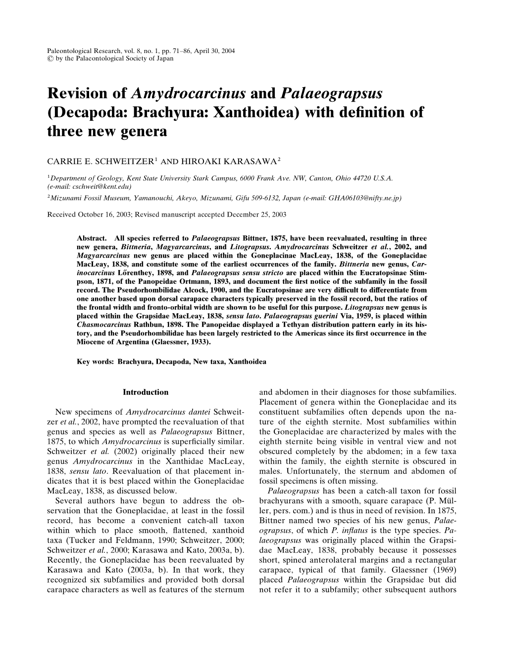 Paleontological Research, Vol. 8, No. 1, Pp. 71–86, April 30, 2004 6 by the Palaeontological Society of Japan