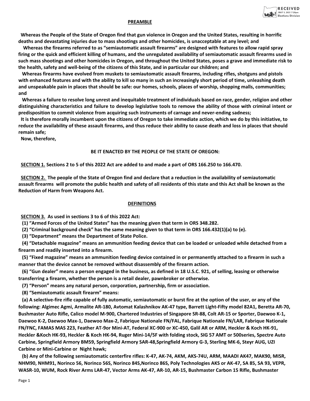 PREAMBLE Whereas the People of the State of Oregon Find That Gun Violence in Oregon and the United States, Resulting in Horrific