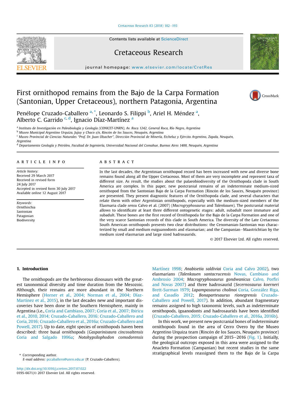 First Ornithopod Remains from the Bajo De La Carpa Formation (Santonian, Upper Cretaceous), Northern Patagonia, Argentina