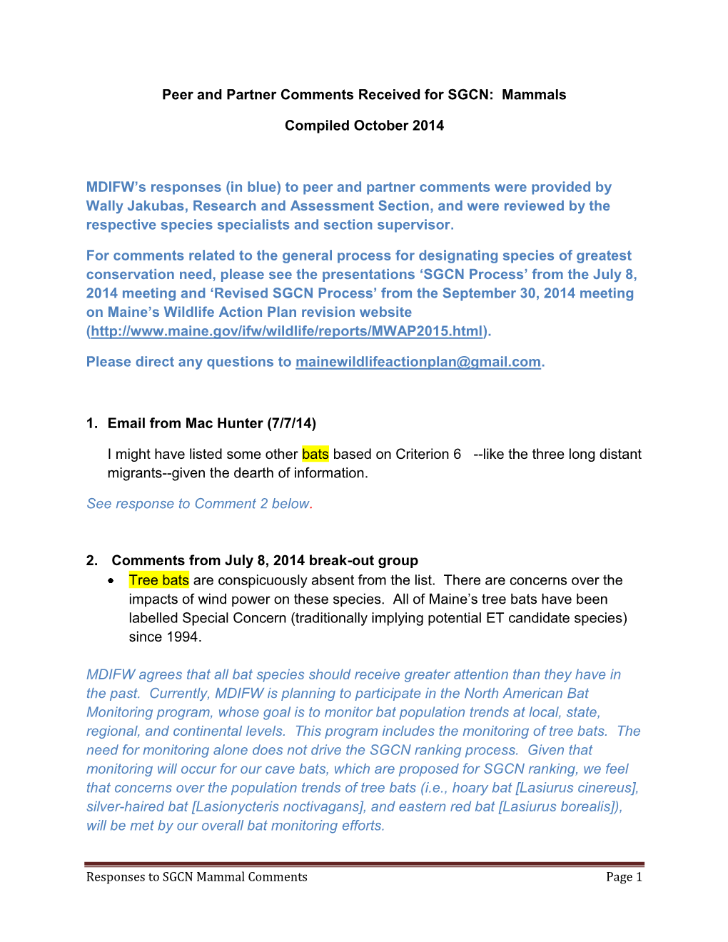 Peer and Partner Comments Received for SGCN: Mammals