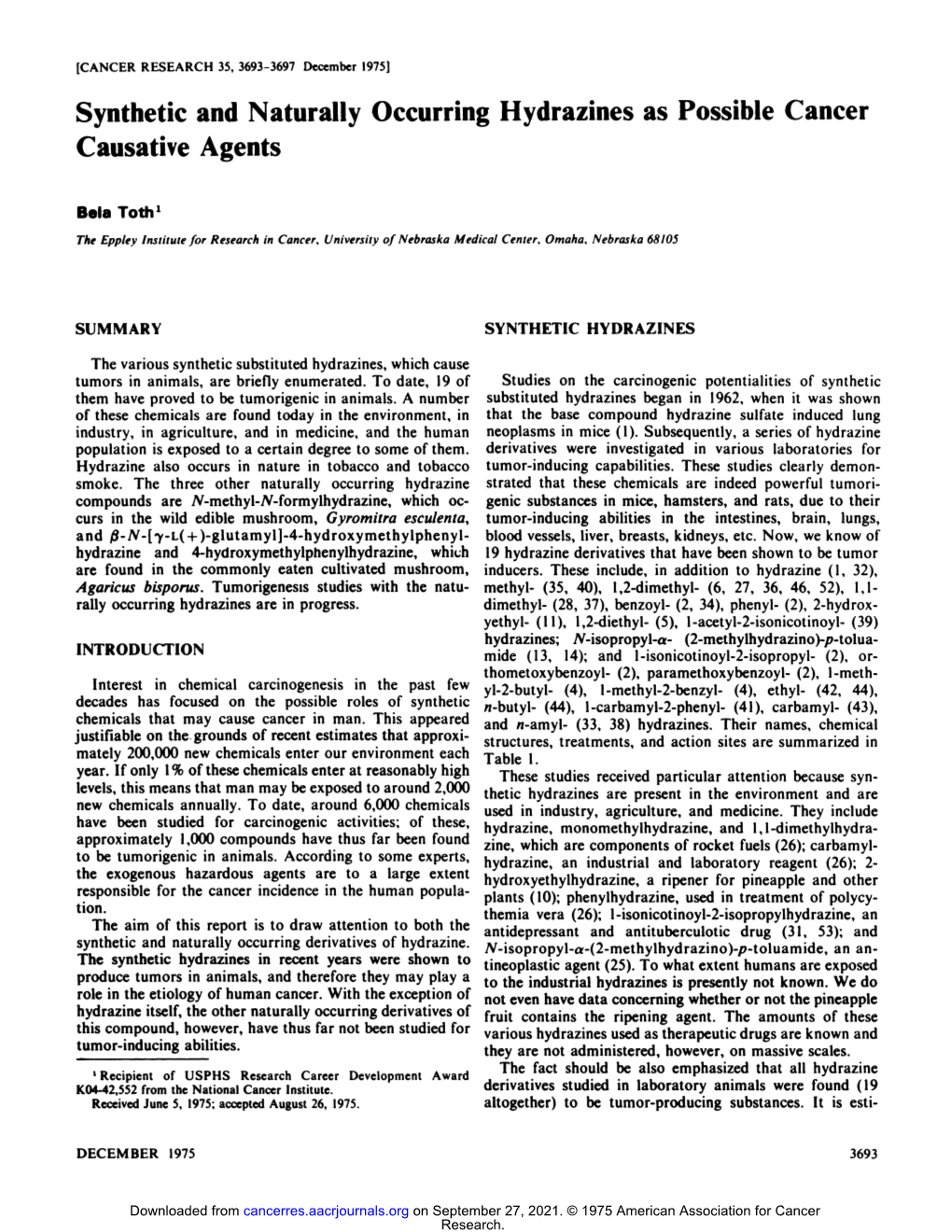 Synthetic and Naturally Occurring Hydrazines As Possible Cancer Causative Agents