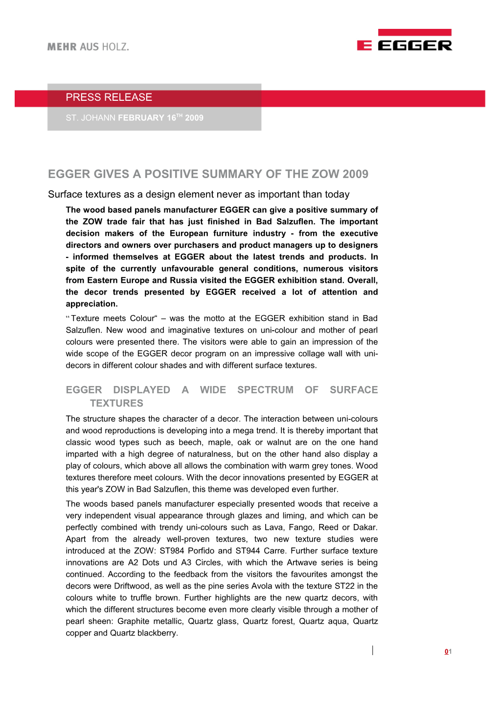 Egger Draws a Positive Balance Sheet of the Zow 2009