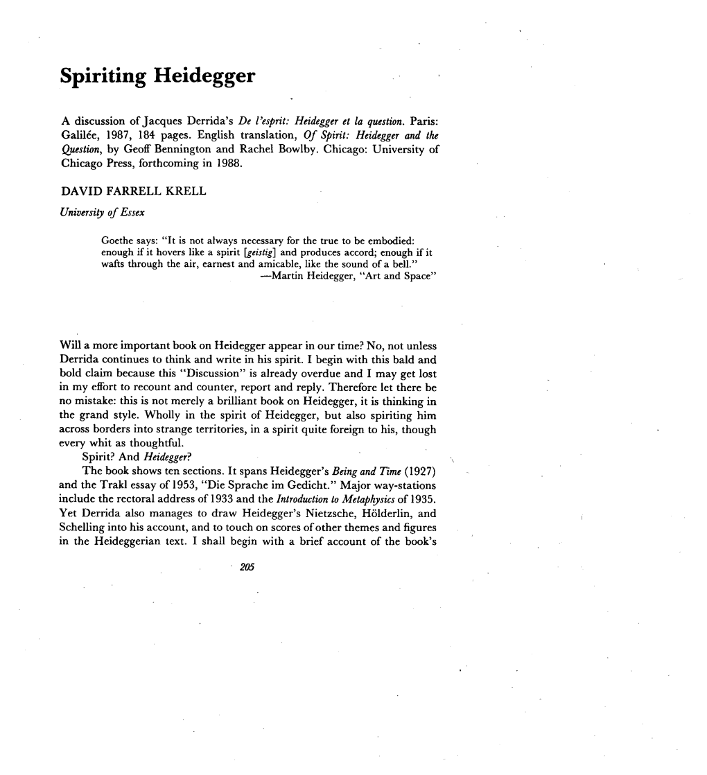 205 Spiriting Heidegger a Discussion of Jacques Derrida's De L'esprit