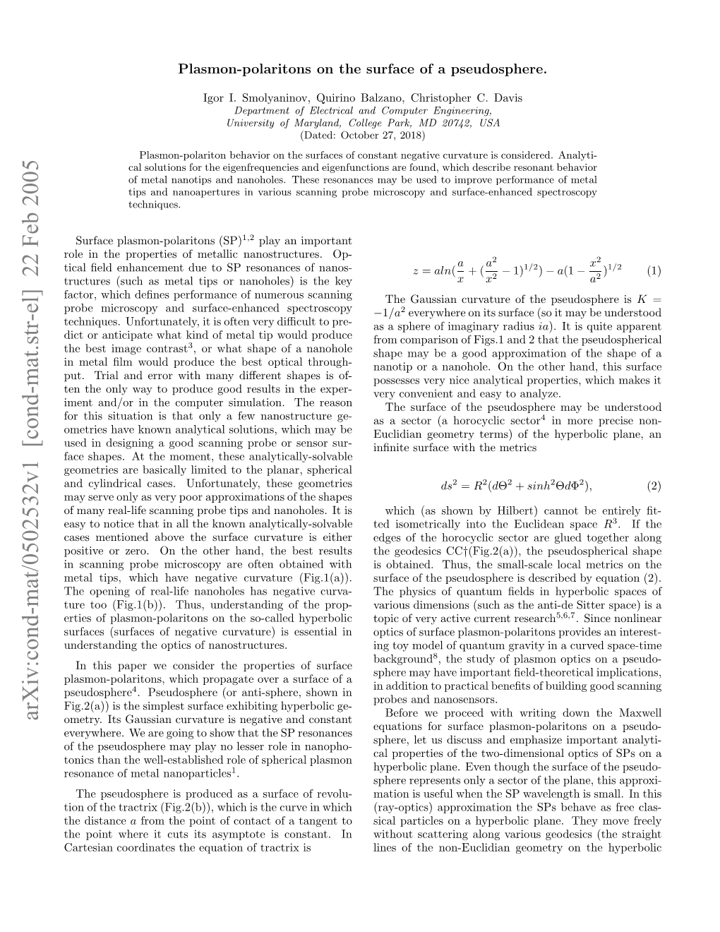 Plasmon-Polaritons on the Surface of a Pseudosphere