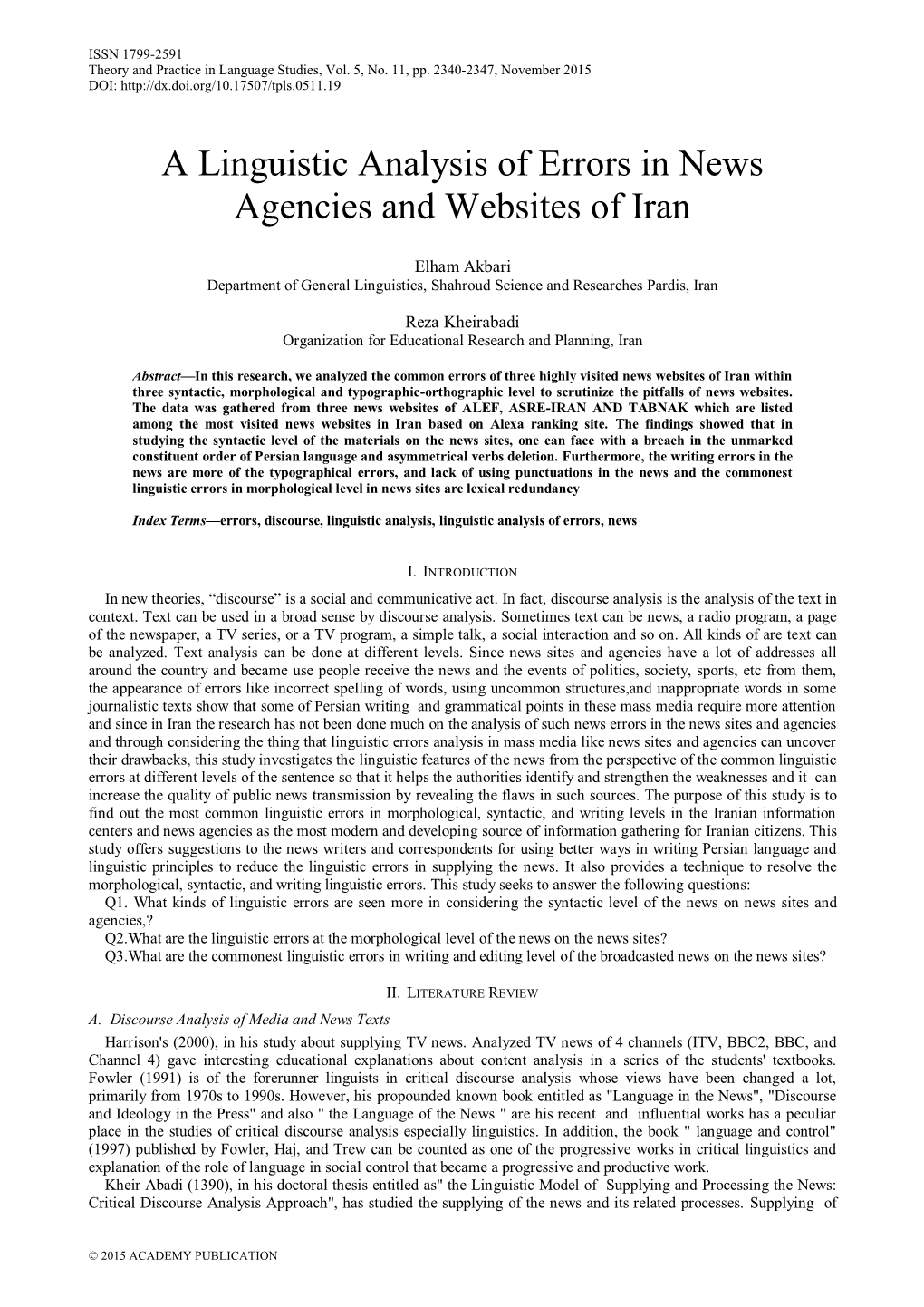 A Linguistic Analysis of Errors in News Agencies and Websites of Iran