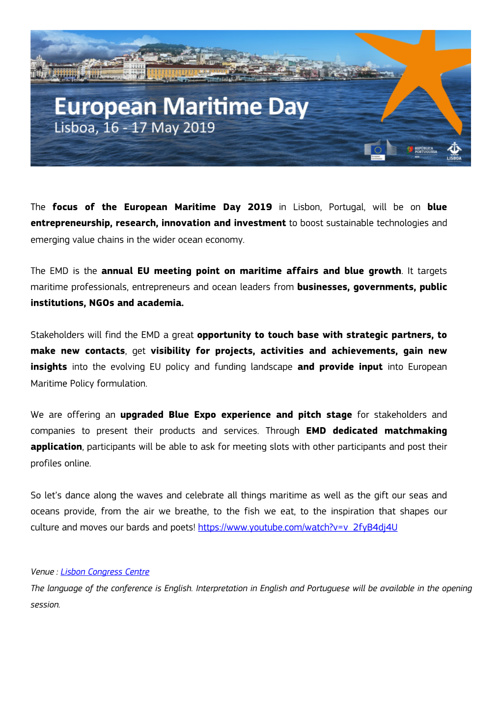 The Focus of the European Maritime Day 2019 in Lisbon, Portugal, Will Be on Blue Entrepreneurship, Research, Innovation and Inve