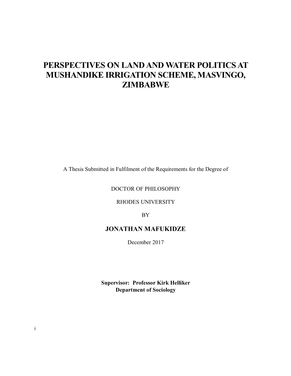 Perspectives on Land and Water Politics at Mushandike Irrigation Scheme, Masvingo, Zimbabwe