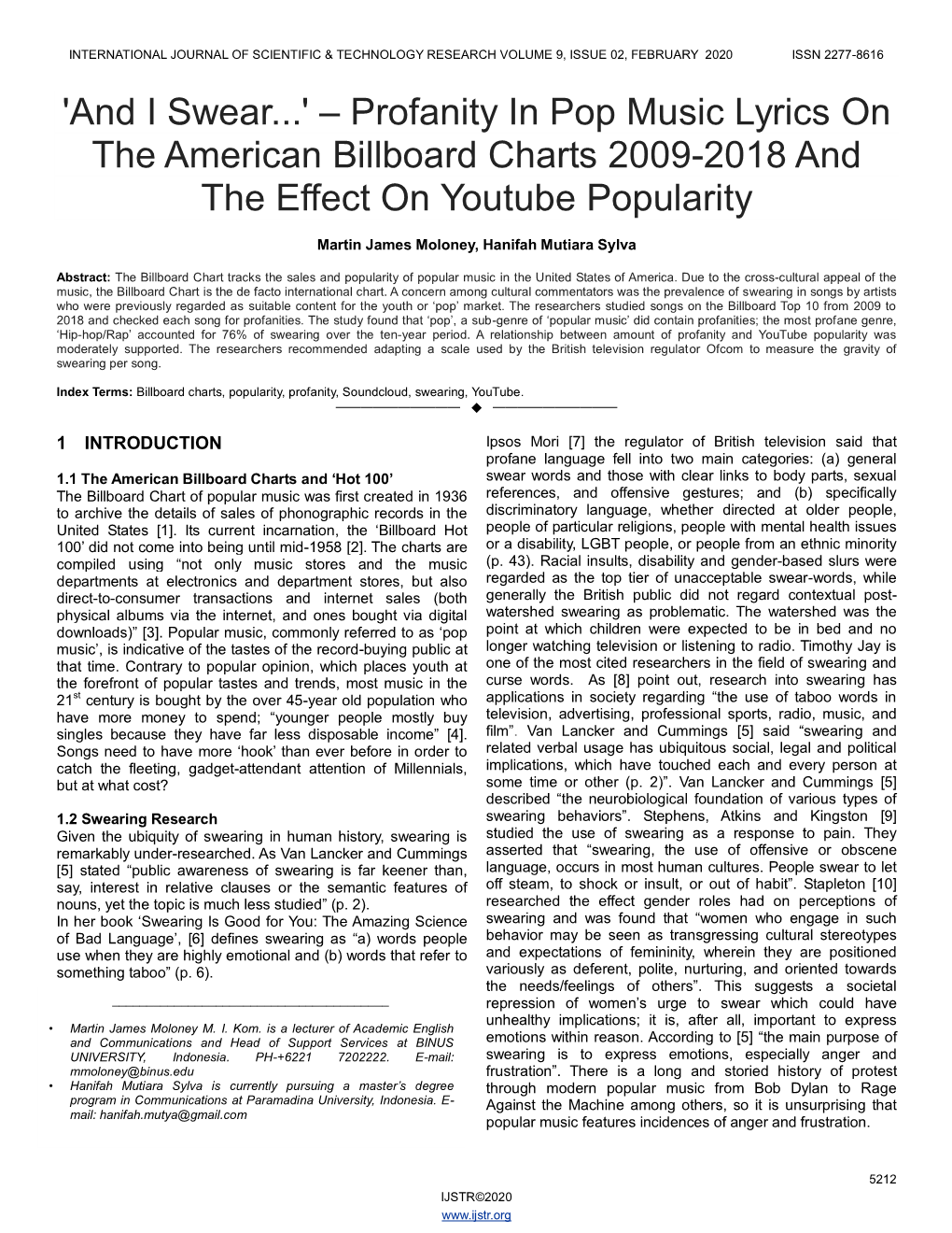 'And I Swear...' – Profanity in Pop Music Lyrics on the American Billboard Charts 2009-2018 and the Effect on Youtube Popularity