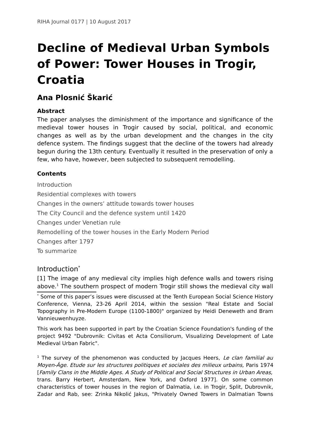 Decline of Medieval Urban Symbols of Power: Tower Houses in Trogir, Croatia