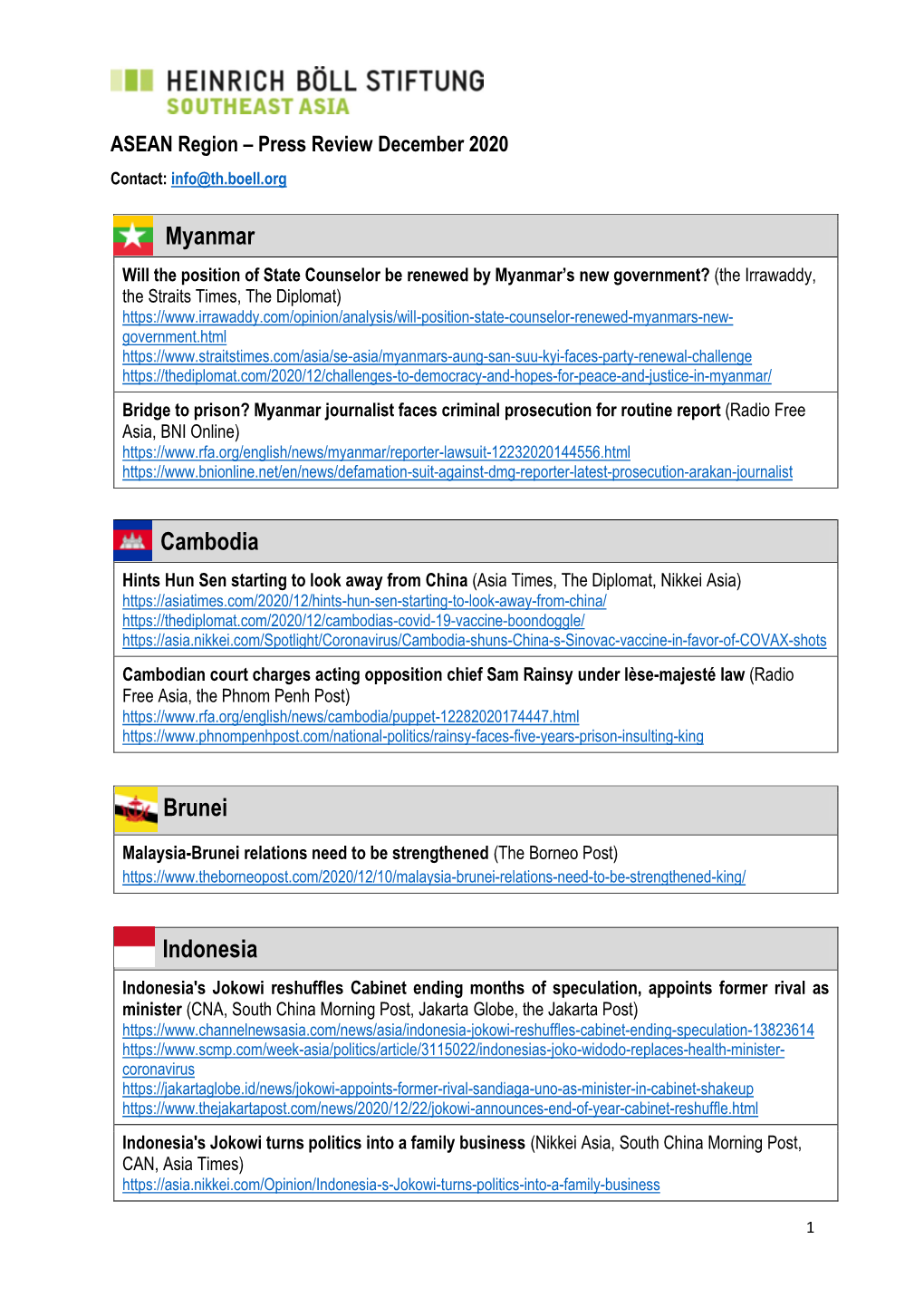 ASEAN Region – Press Review December 2020 Contact: Info@Th.Boell.Org