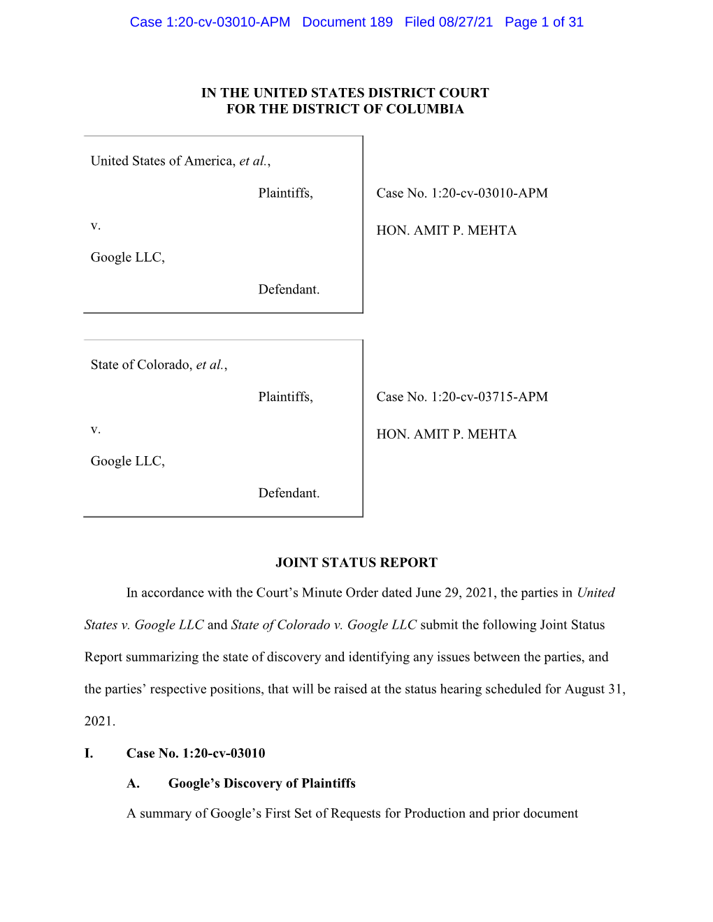 Joint Status Report: U.S. and Plaintiff States V