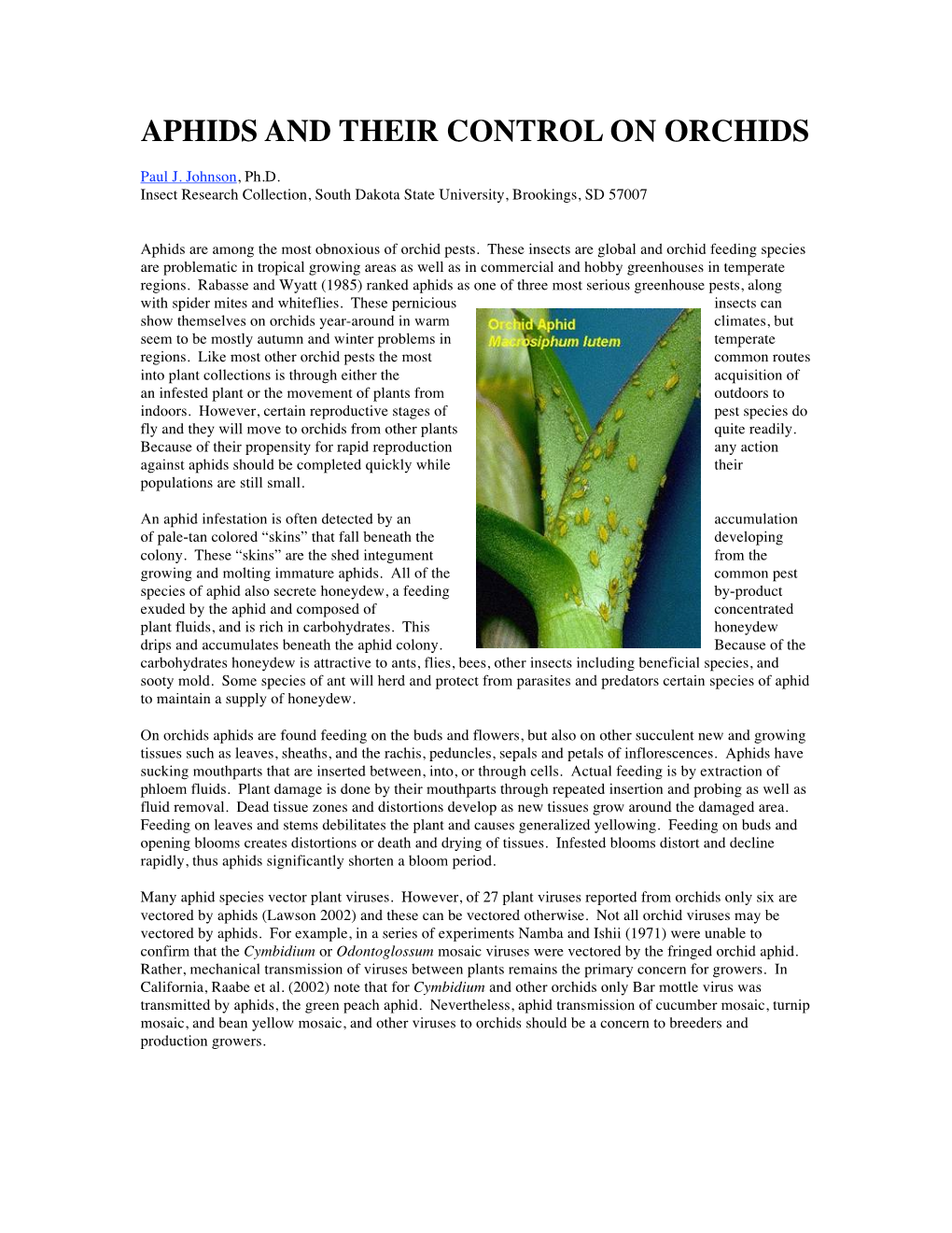 Aphids and Their Control on Orchids