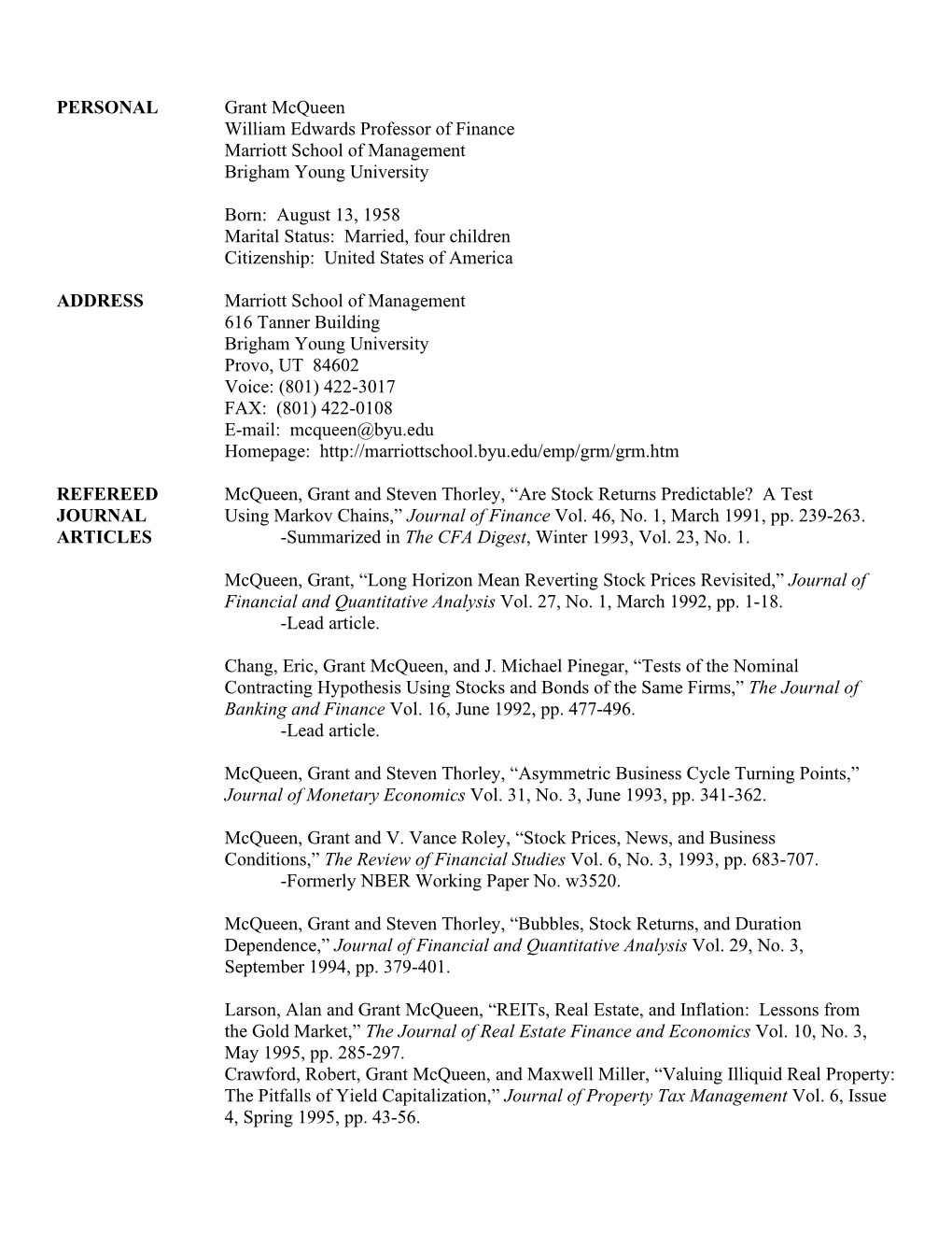 PERSONAL Grant Mcqueen William Edwards Professor of Finance Marriott School of Management Brigham Young University
