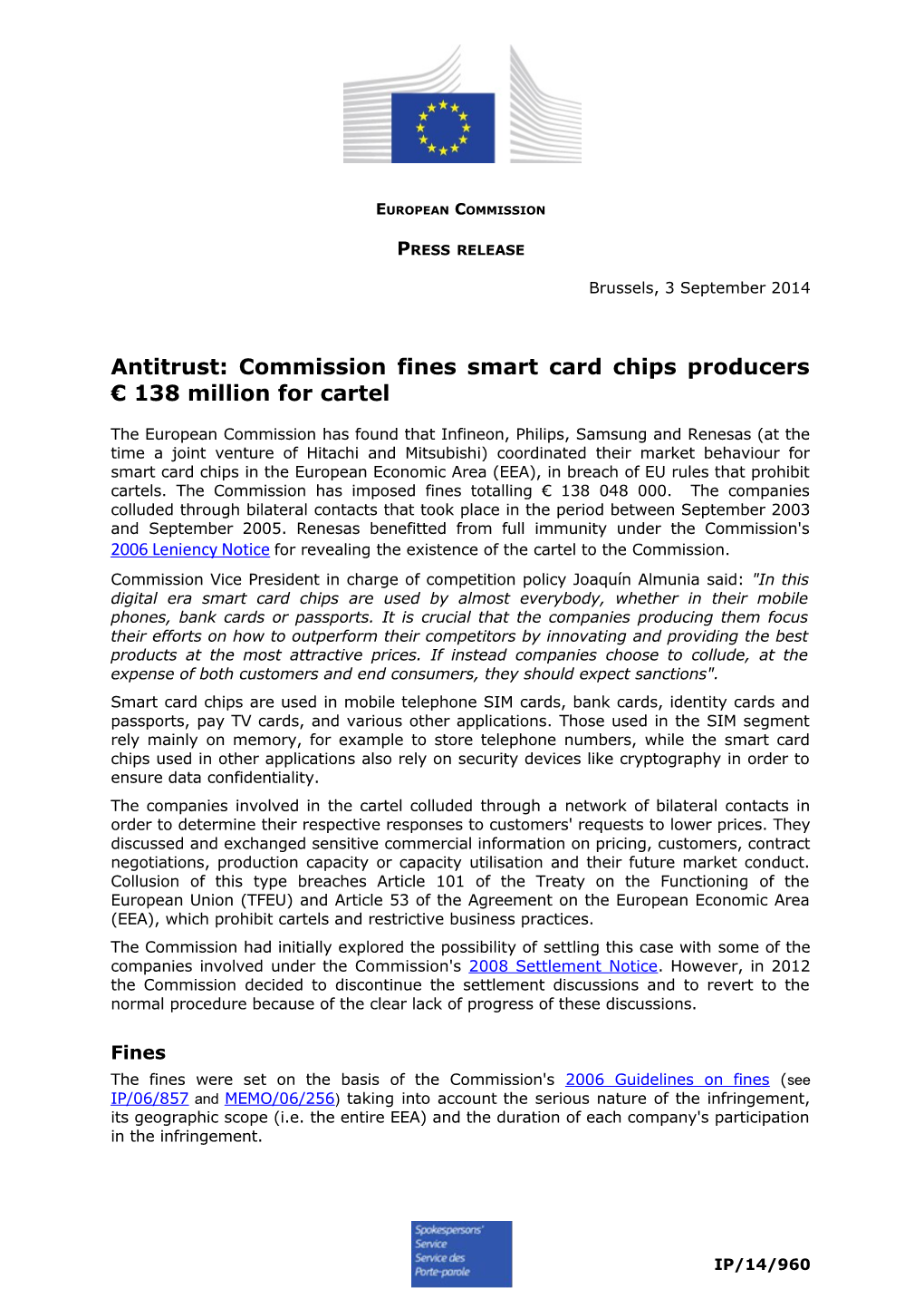 Antitrust: Commission Fines Smart Card Chips Producers 138 Million for Cartel