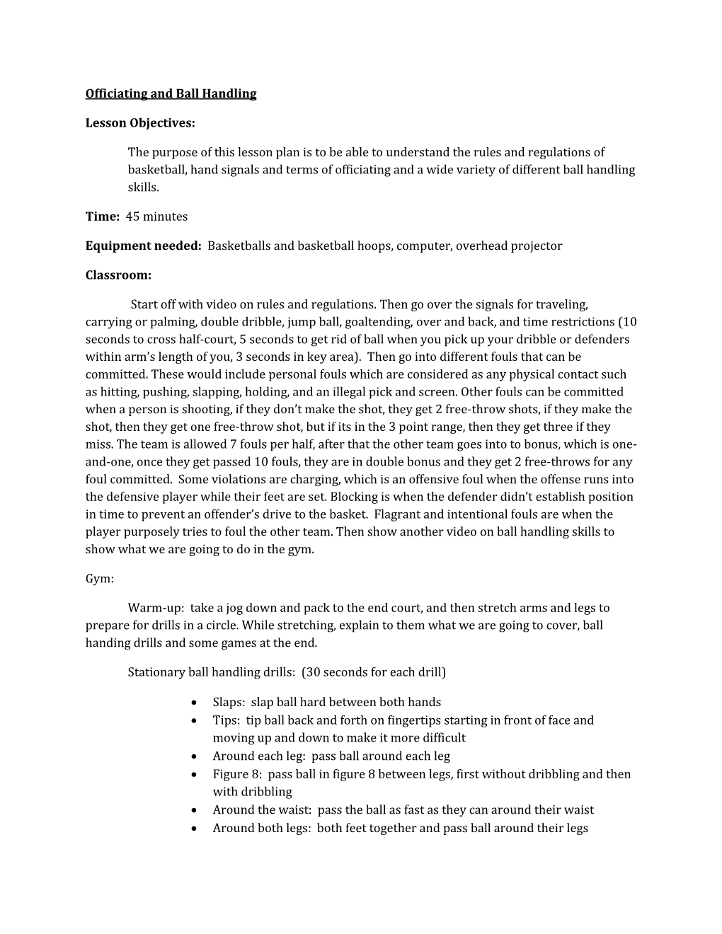 Officiating and Ball Handling Lesson Plan