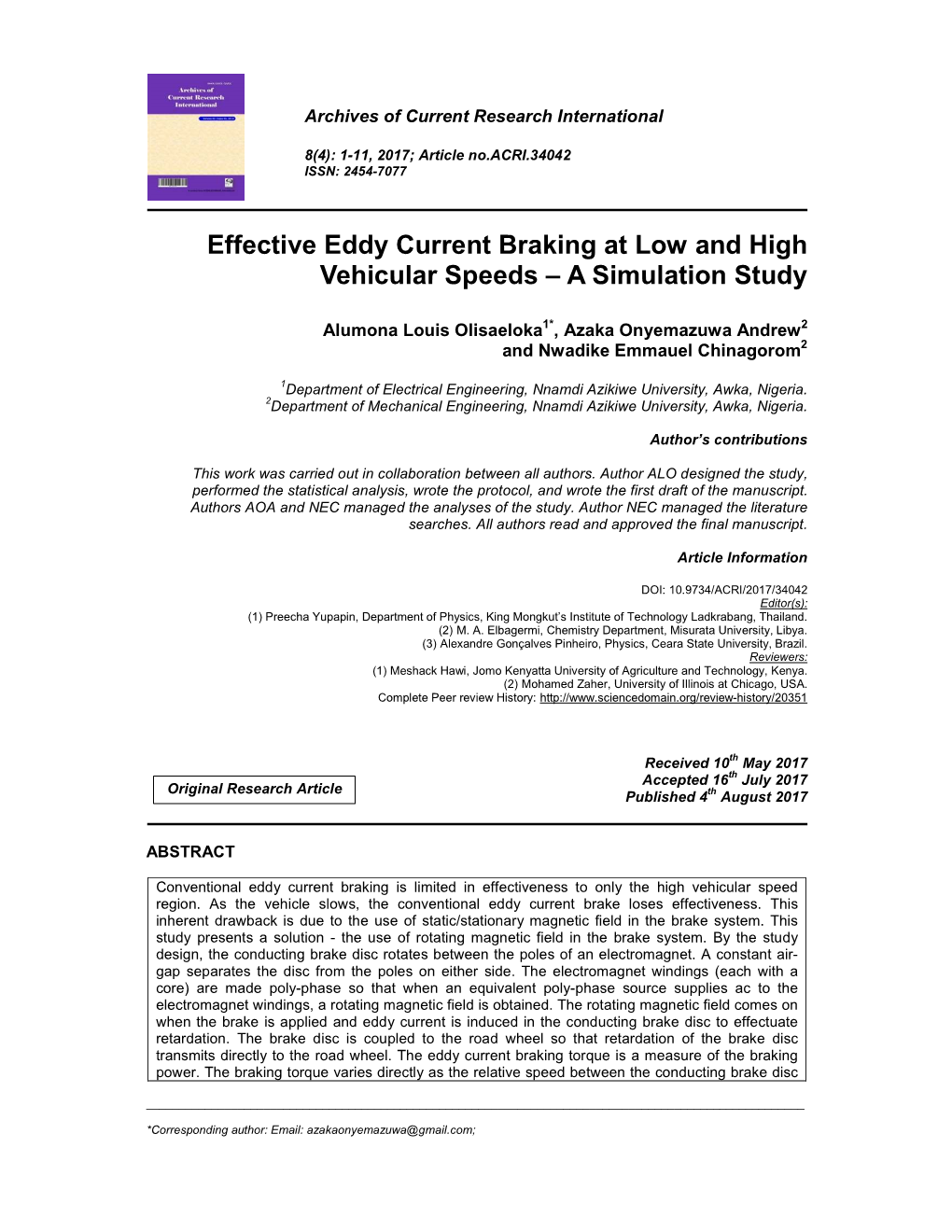 Effective Eddy Current Braking at Low and High Vehicular Speeds – a Simulation Study