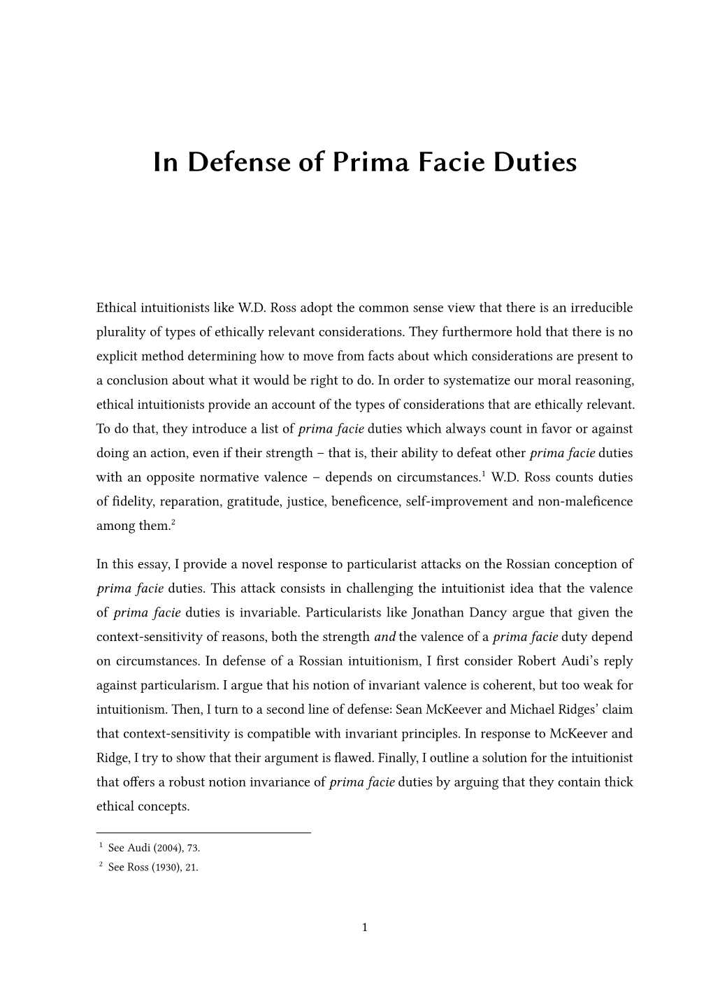 In Defense of Prima Facie Duties