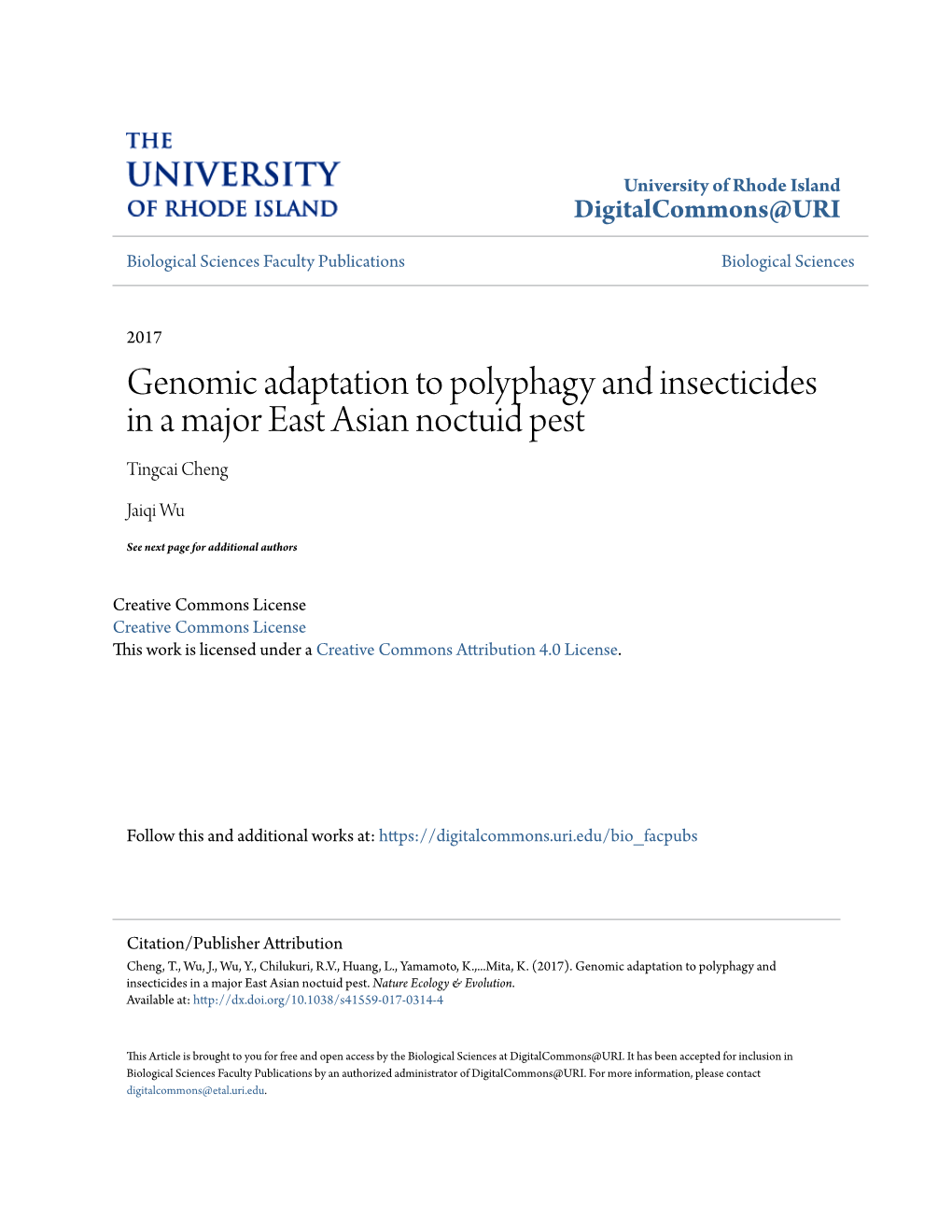 Genomic Adaptation to Polyphagy and Insecticides in a Major East Asian Noctuid Pest Tingcai Cheng