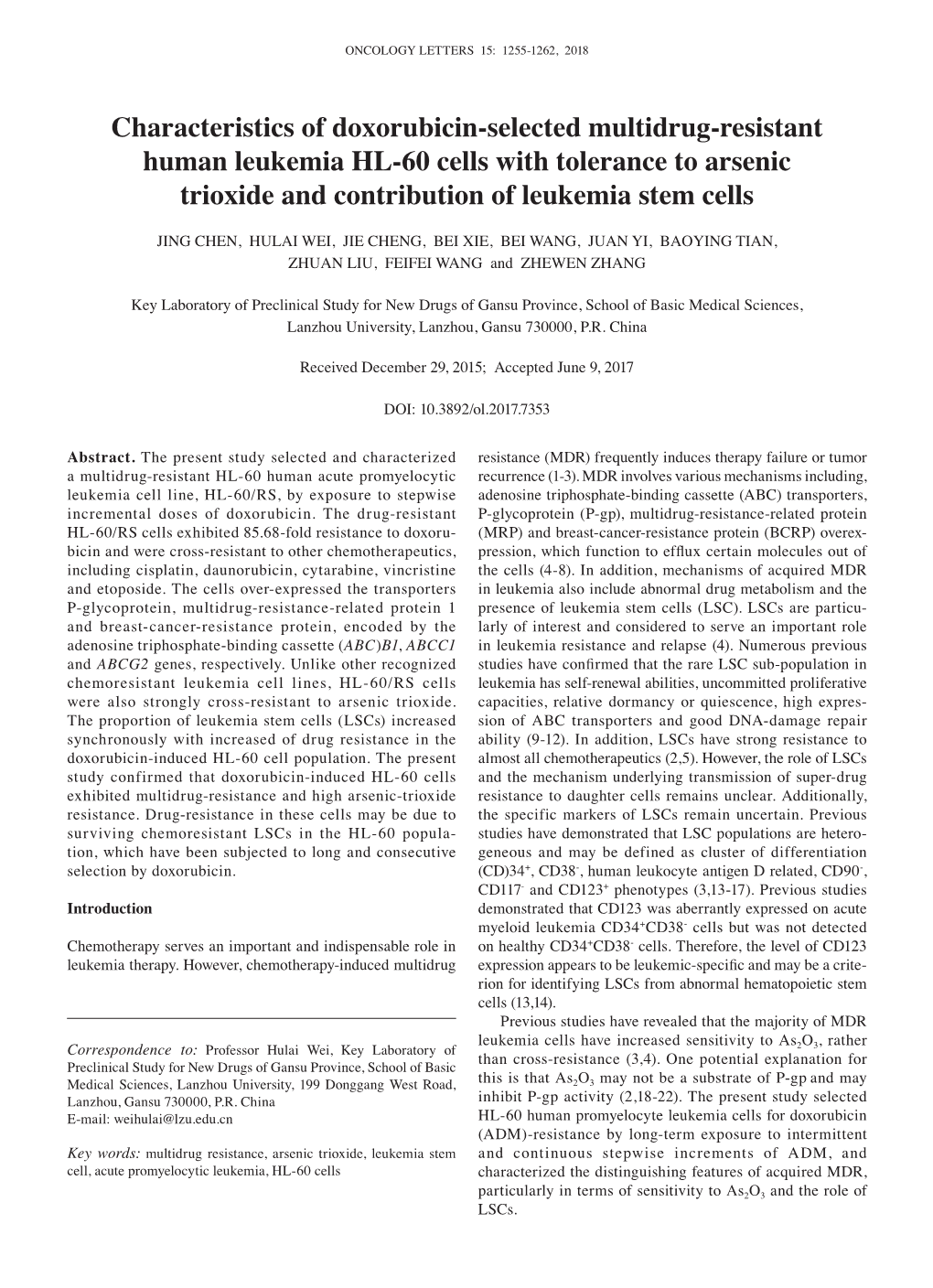 Characteristics of Doxorubicin‑Selected Multidrug‑Resistant Human Leukemia HL‑60 Cells with Tolerance to Arsenic Trioxide and Contribution of Leukemia Stem Cells