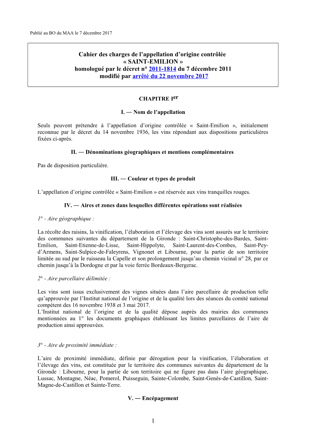 Cahier Des Charges De L'appellation D'origine Contrôlée Saint-Emilion