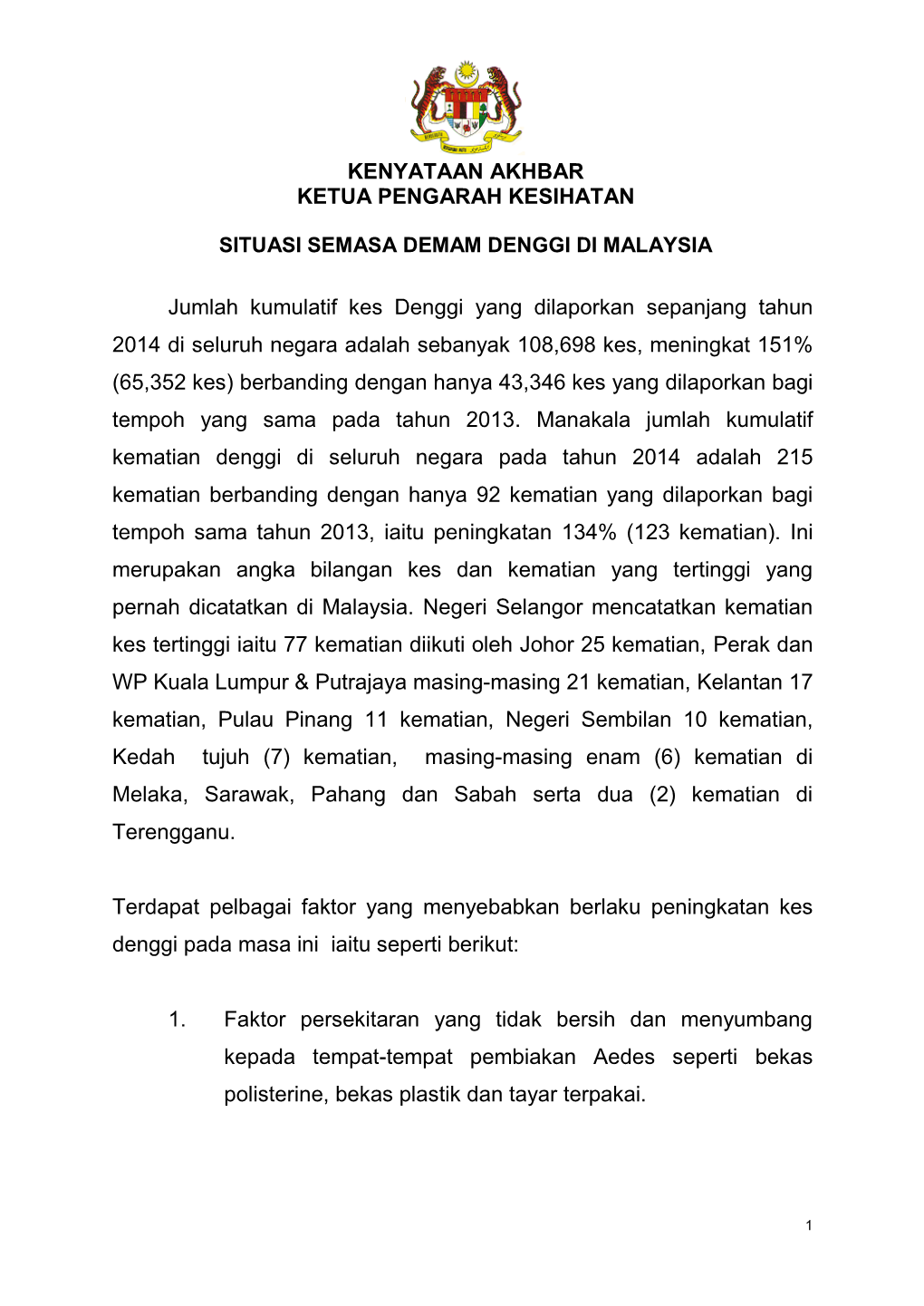 KENYATAAN AKHBAR KETUA PENGARAH KESIHATAN Jumlah