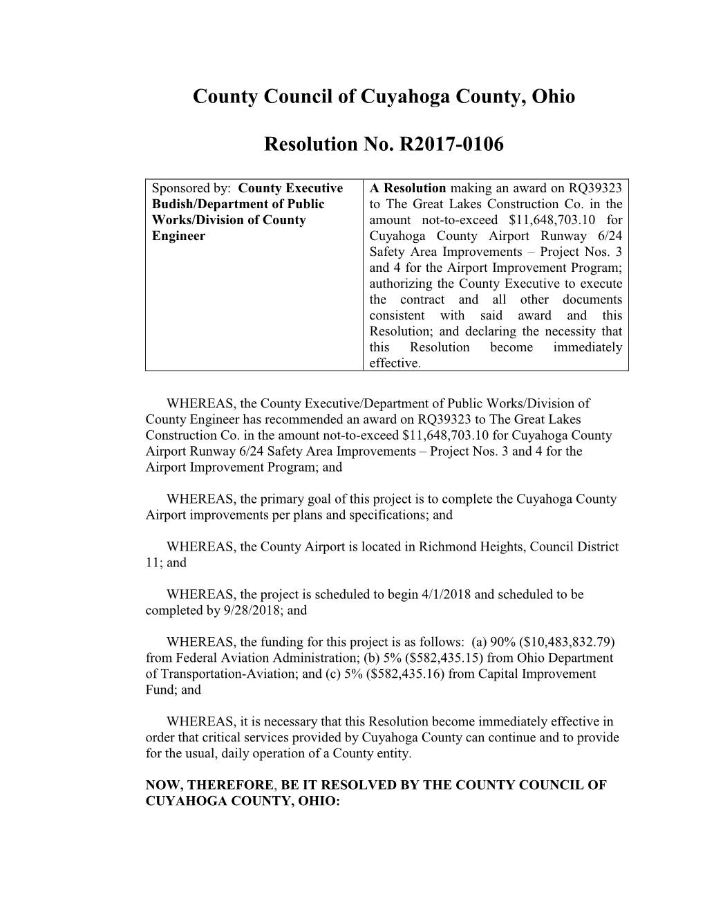 County Council of Cuyahoga County, Ohio Resolution No. R2017-0106