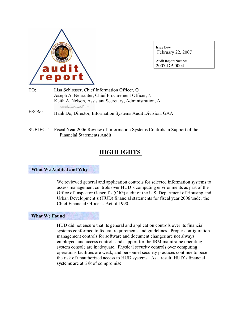 Audit Report No.: 2007-DP-0004