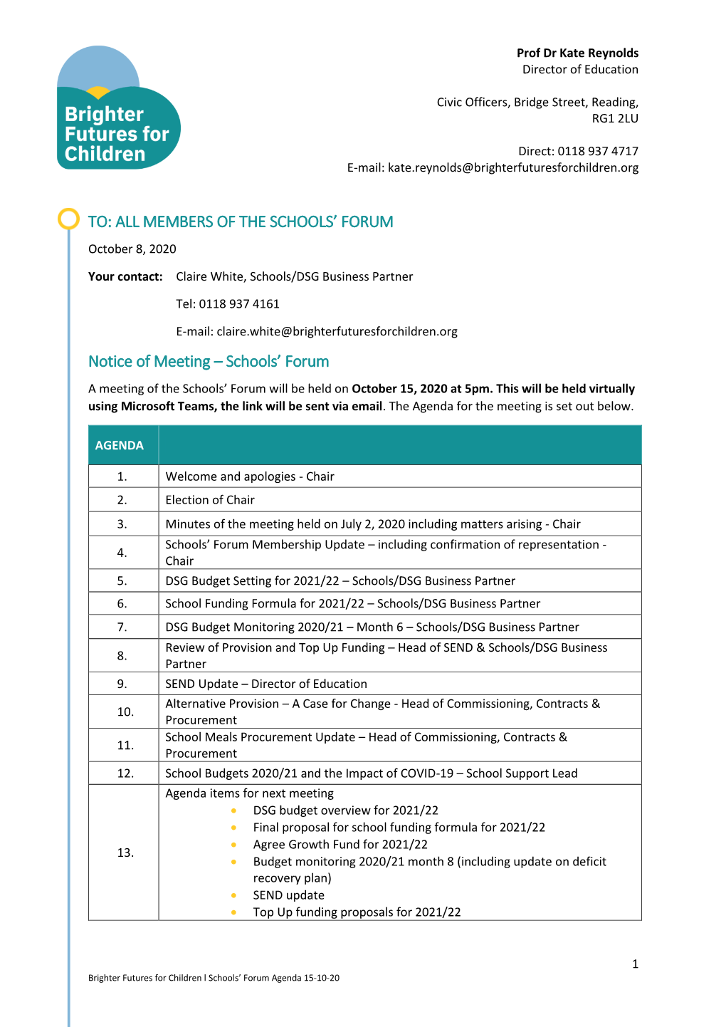 SCHOOLS' FORUM MEMBERSHIP Oct-20