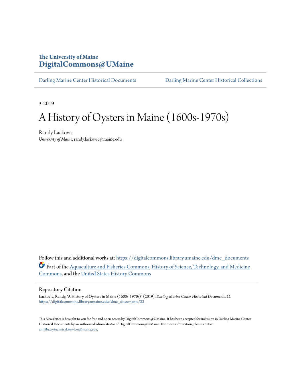 A History of Oysters in Maine (1600S-1970S) Randy Lackovic University of Maine, Randy.Lackovic@Maine.Edu