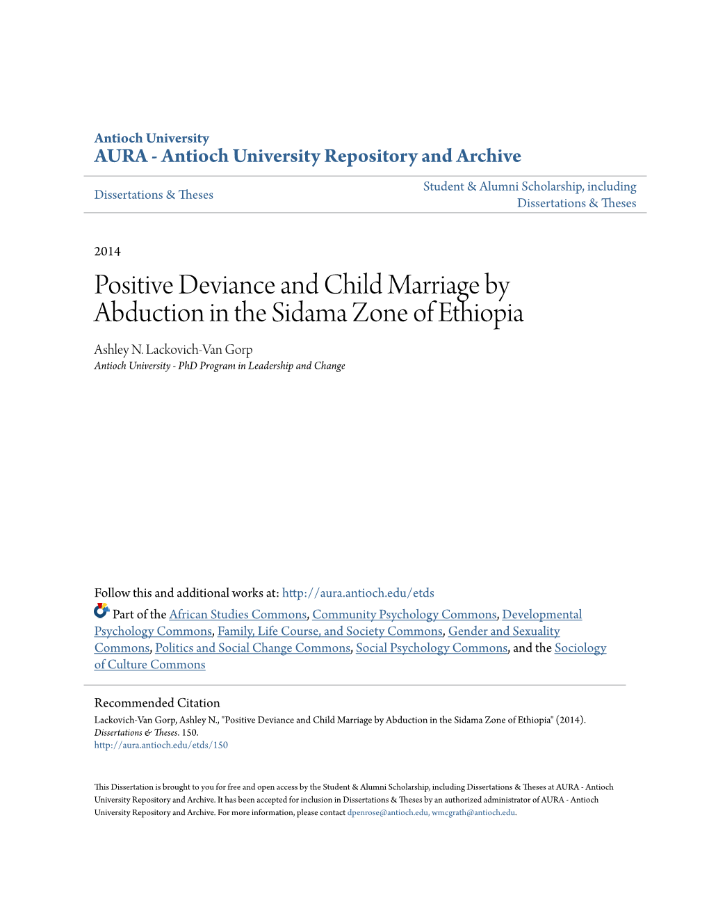 Positive Deviance and Child Marriage by Abduction in the Sidama Zone of Ethiopia Ashley N