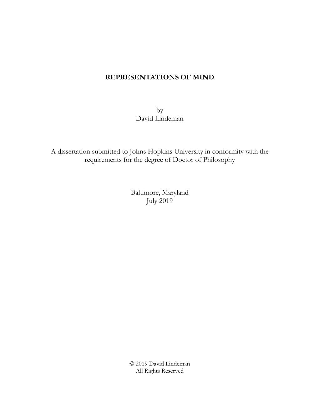 REPRESENTATIONS of MIND by David Lindeman a Dissertation