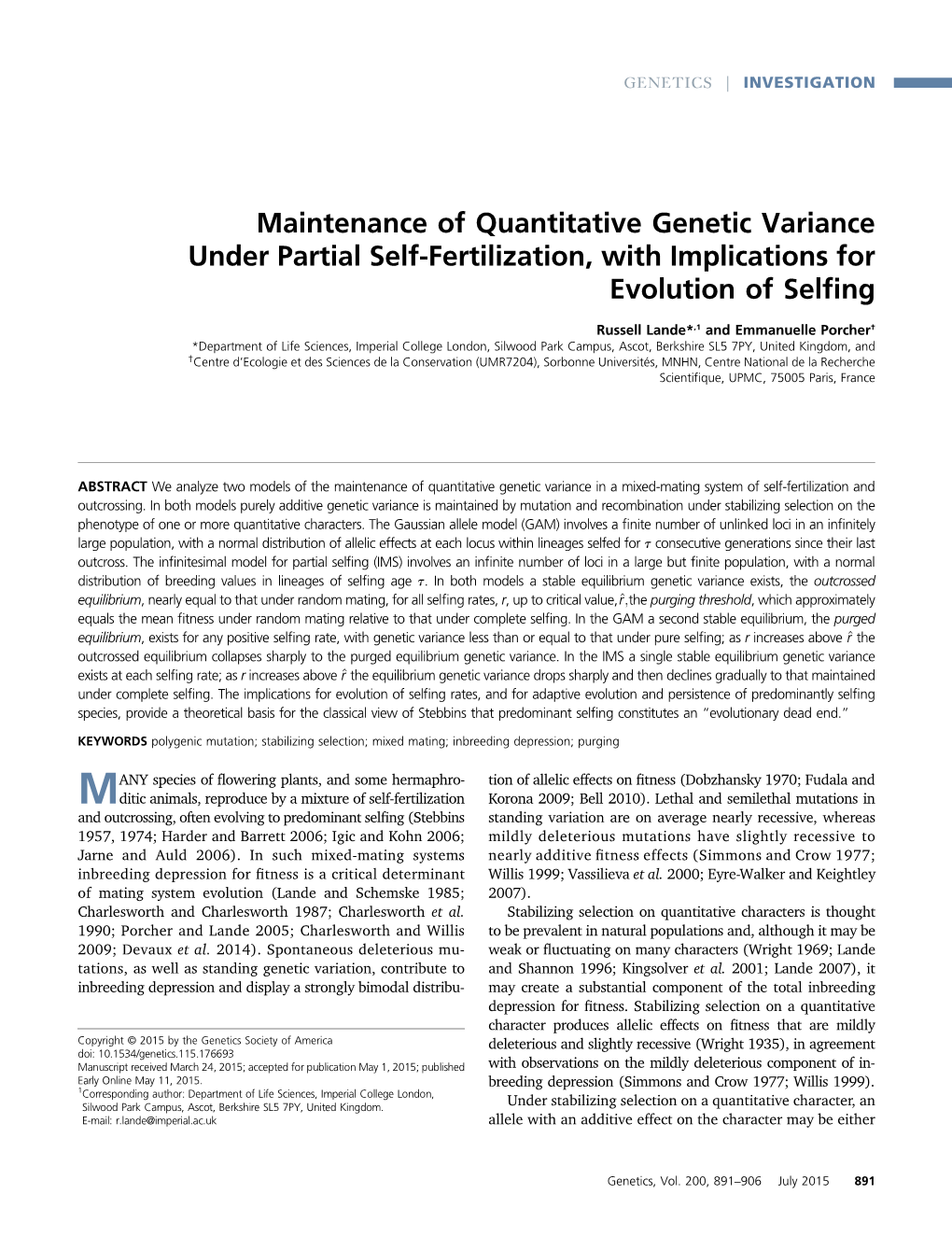 Maintenance of Quantitative Genetic Variance Under Partial Self-Fertilization, with Implications for Evolution of Selﬁng