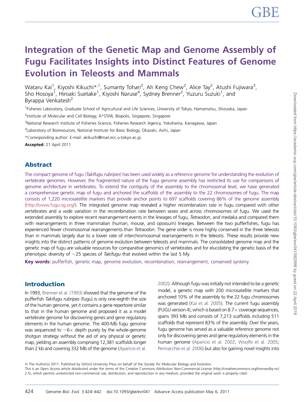 Integration of the Genetic Map and Genome Assembly of Fugu Facilitates Insights Into Distinct Features of Genome Evolution in Teleosts and Mammals