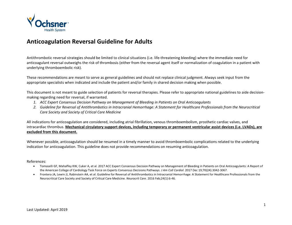 Anticoagulation Reversal Guideline for Adults