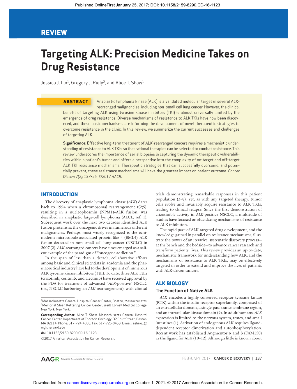 Targeting ALK: Precision Medicine Takes on Drug Resistance