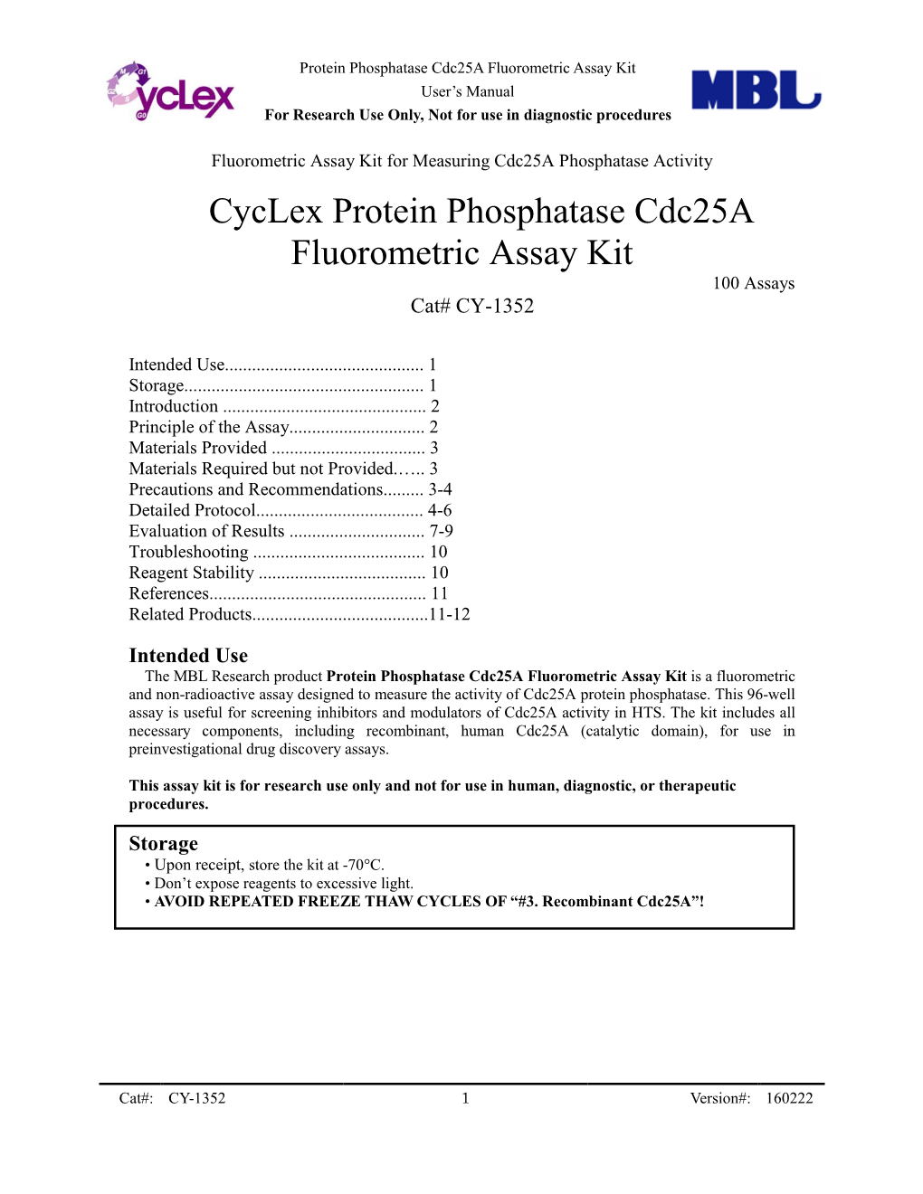 Cyclex Protein Phosphatase Cdc25a Fluorometric Assay Kit 100 Assays Cat# CY-1352
