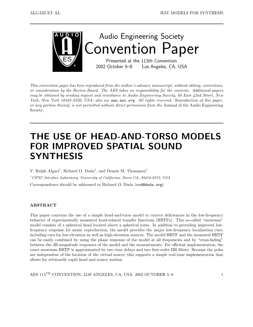 Audio Engineering Society Convention Paper Presented at the 113Th Convention 2002 October 5–8 Los Angeles, CA, USA