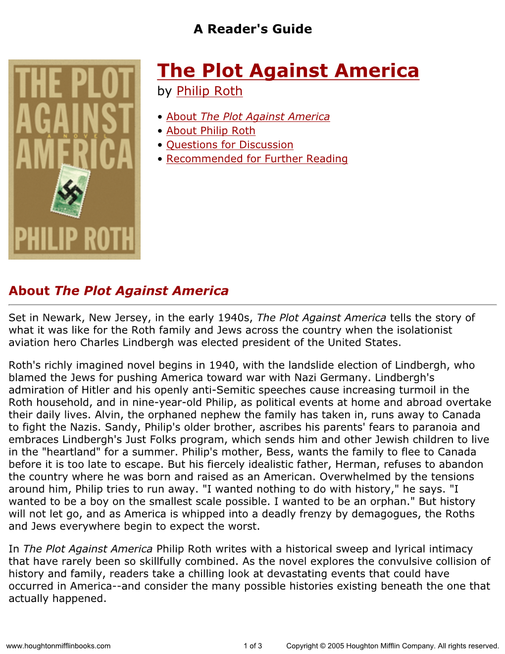 Reader's Guide for the Plot Against America Published by Houghton