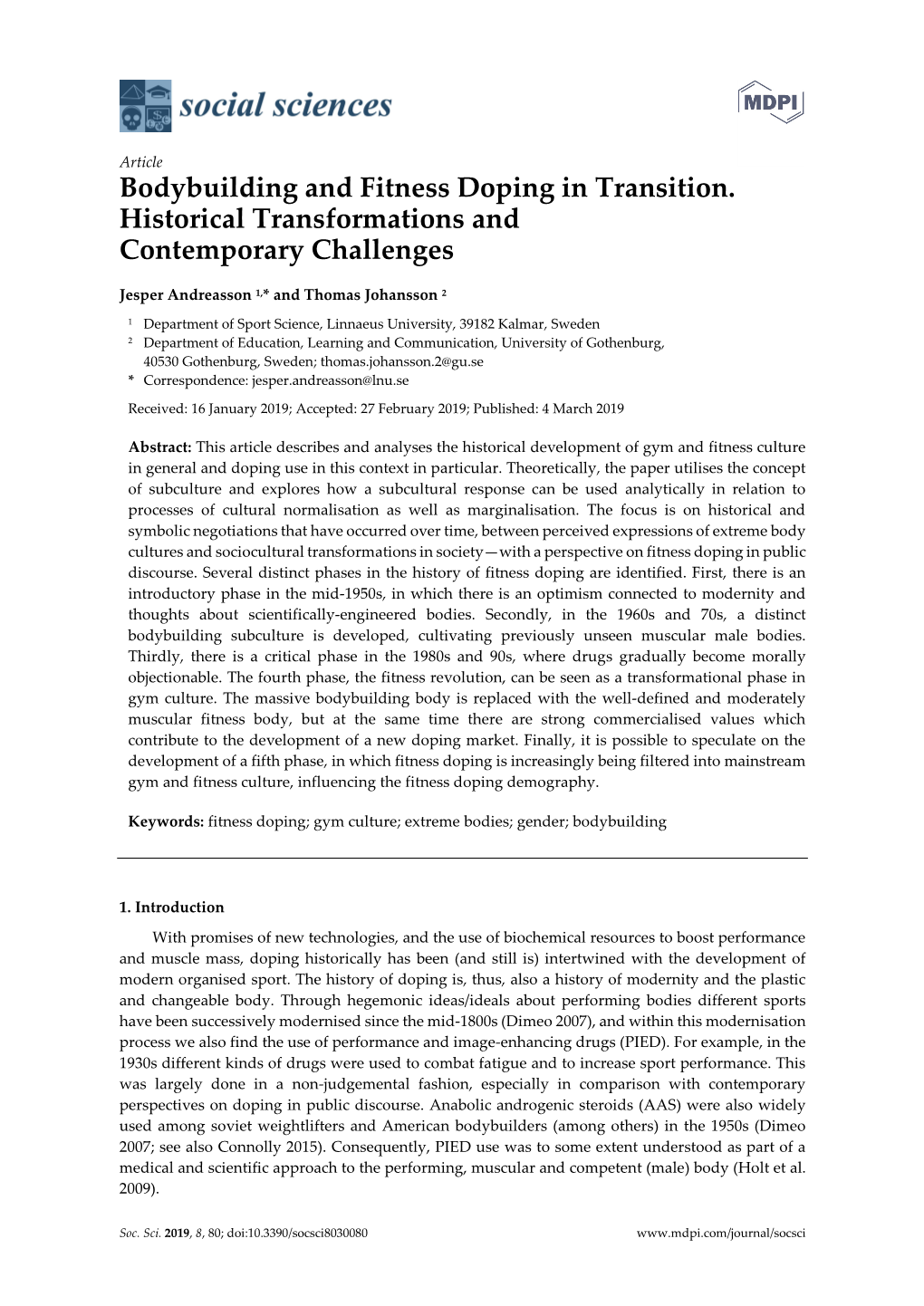 Bodybuilding and Fitness Doping in Transition. Historical Transformations and Contemporary Challenges