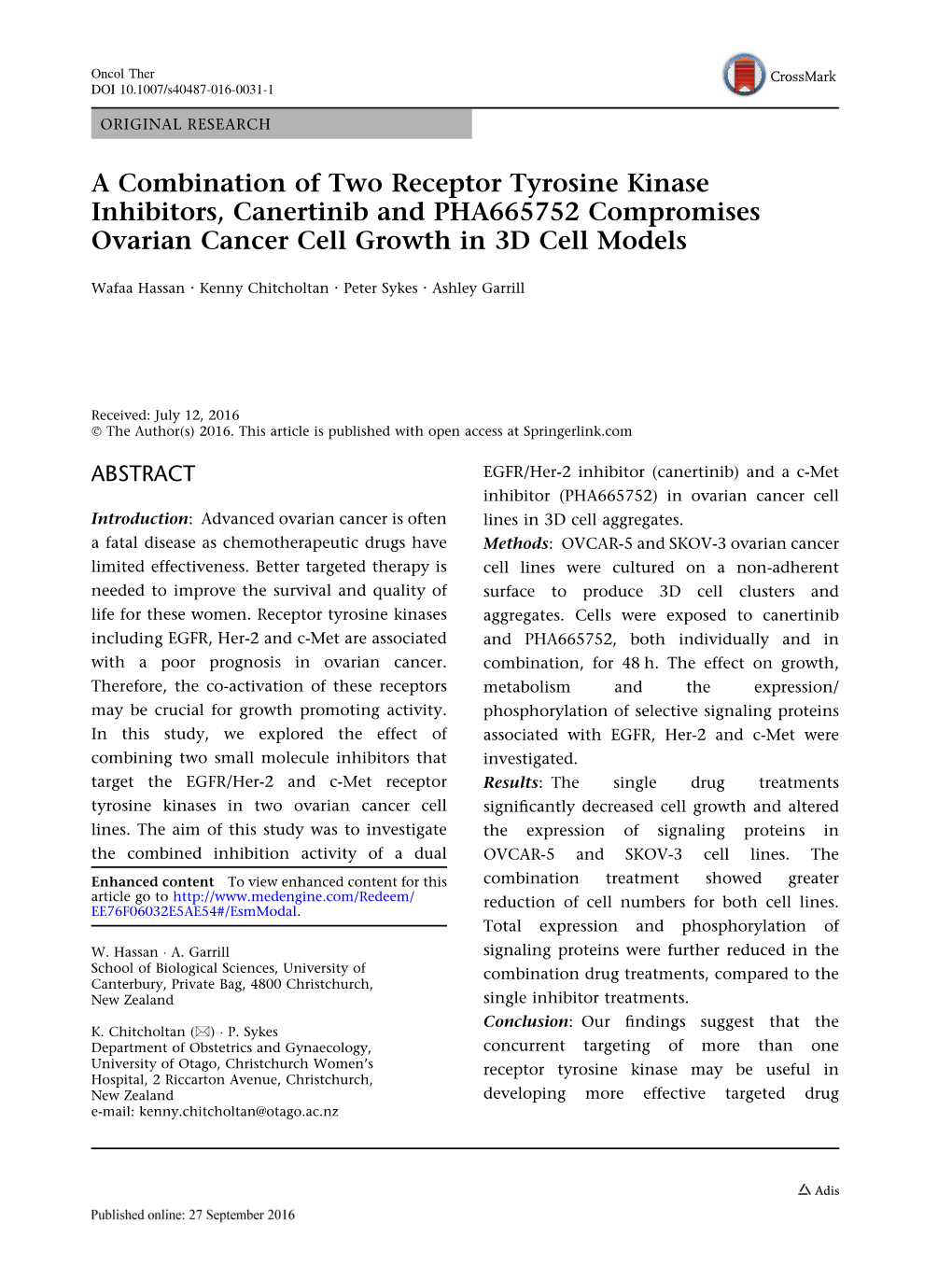 A Combination of Two Receptor Tyrosine Kinase Inhibitors, Canertinib and PHA665752 Compromises Ovarian Cancer Cell Growth in 3D Cell Models