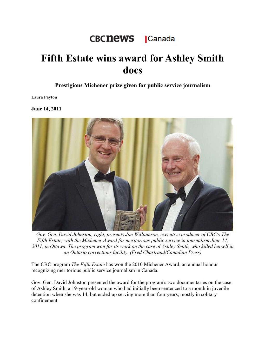 Fifth Estate Wins Award for Ashley Smith Docs