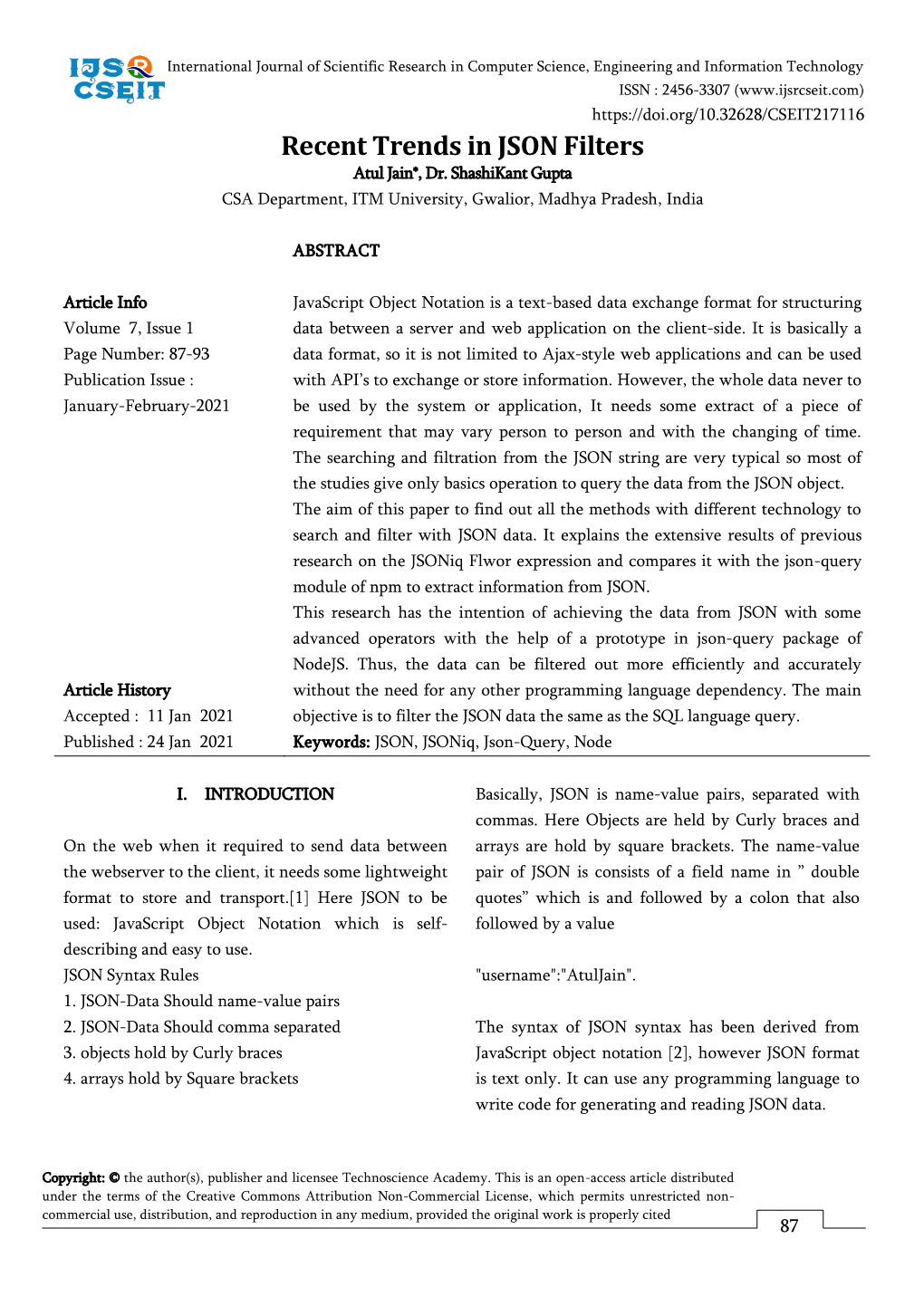 Recent Trends in JSON Filters Atul Jain*, Dr