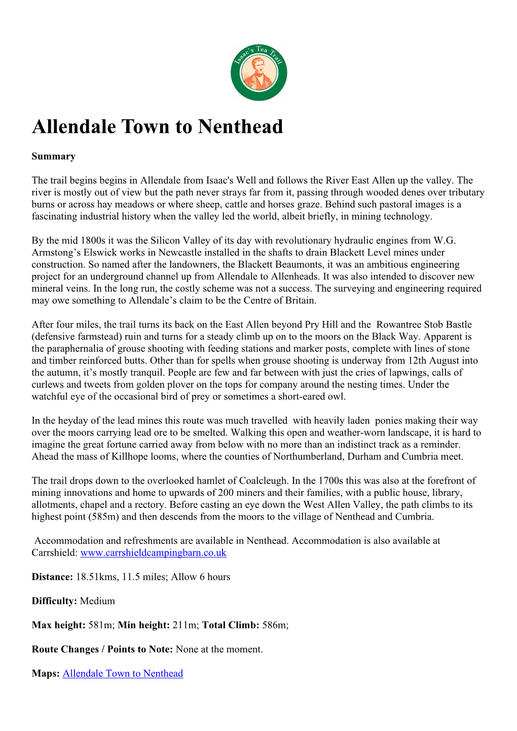 Allendale Town to Nenthead
