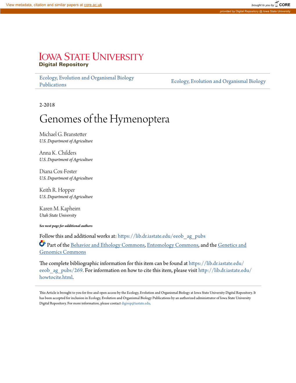 Genomes of the Hymenoptera Michael G