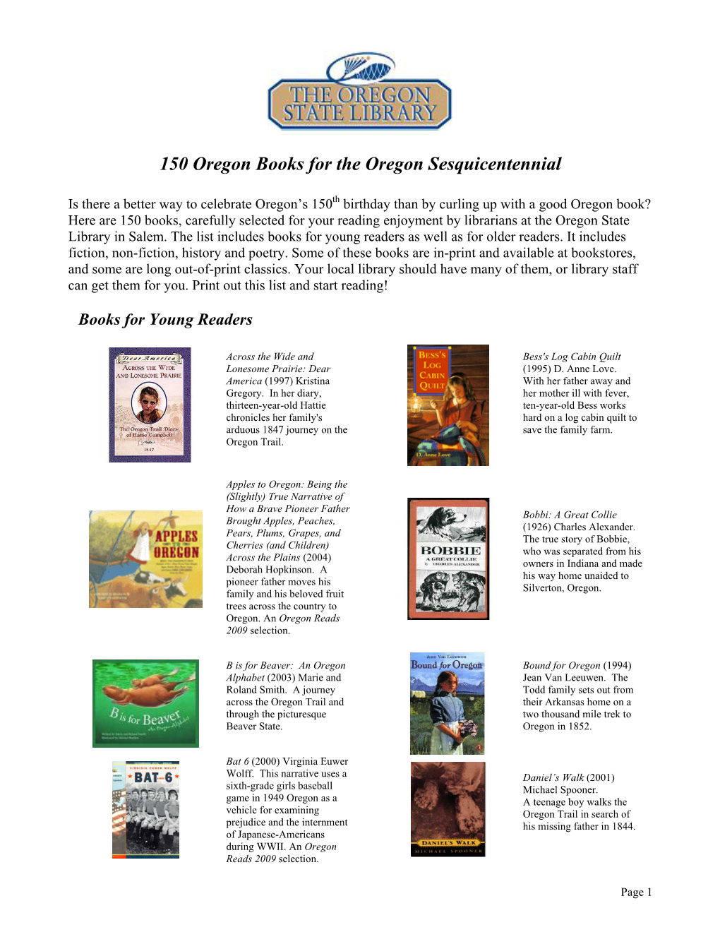 150 Oregon Books for the Oregon Sesquicentennial