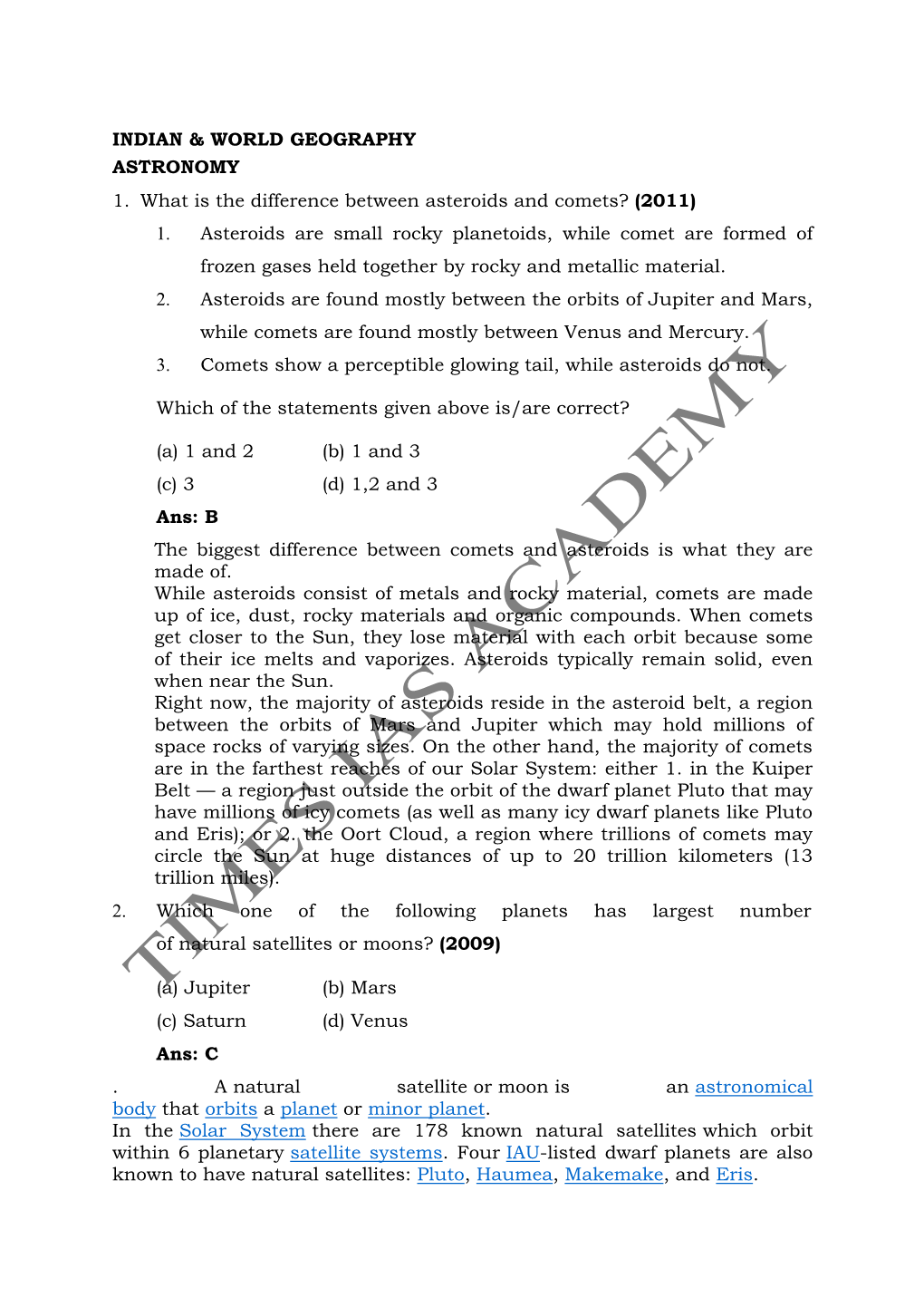 INDIAN & WORLD GEOGRAPHY ASTRONOMY 1. What Is the Difference Between Asteroids and Comets?